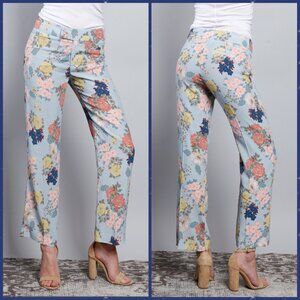 Sz 00- Smythe‎ Mid-Rise Cropped Length Baby Blue Floral Flood Trouser Pants